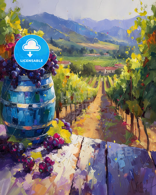Napa Valley, Usa, Situated In California - A Painting Of A Wine Barrel With Grapes In It