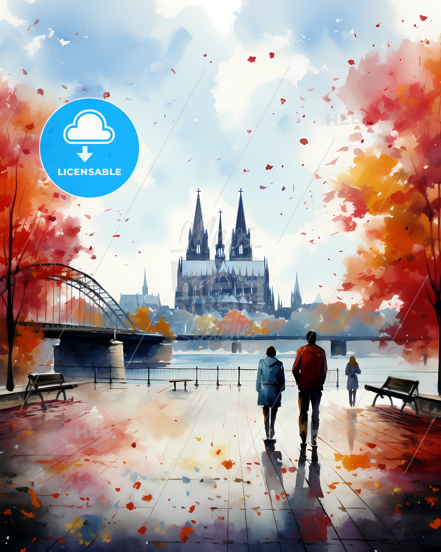 Cologne, Germany - A Watercolor Painting Of A Couple Of People Walking On A Boardwalk