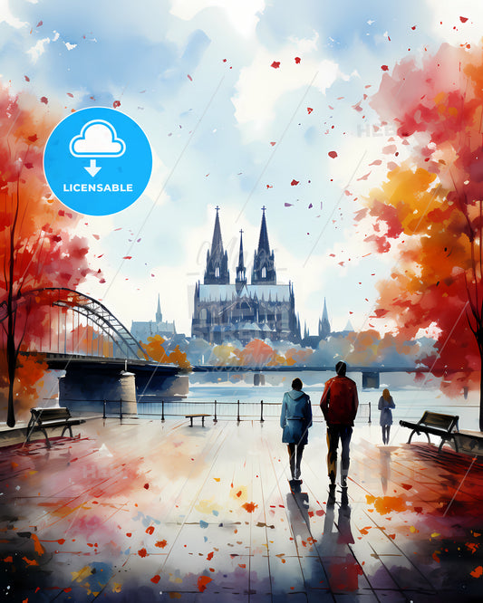 Cologne, Germany - A Watercolor Painting Of A Couple Of People Walking On A Boardwalk