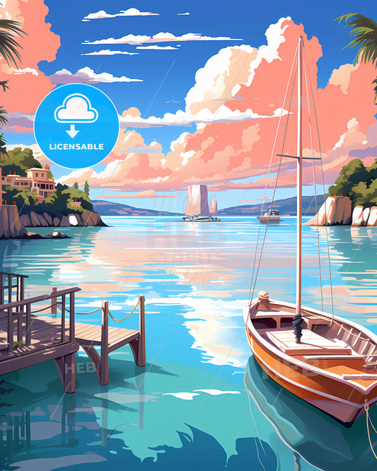 Boracay, Philippines - A Painting Of A Boat On A Body Of Water With A Dock And Buildings