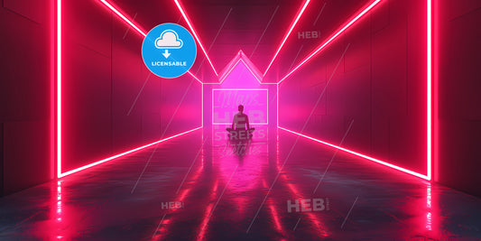 Abstract Neon Background, Empty Tunnel With Pink Glowing Lines - A Person Sitting In A Room With Pink Lights