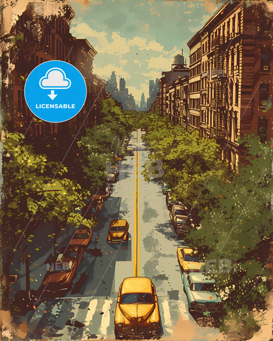 Poster Of New York - A Street With Cars And Buildings