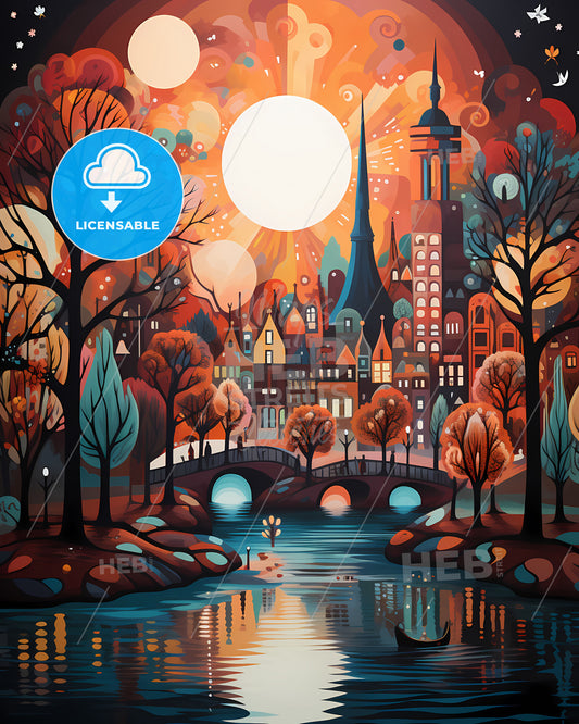 Almere, Netherlands - A Painting Of A City With Trees And A Bridge And A Boat