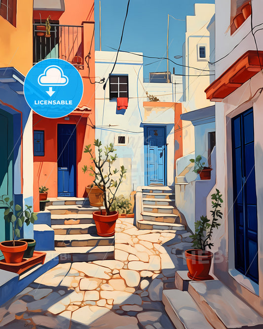Piraeus, Greece - A Painting Of A Courtyard With Stairs And Potted Plants