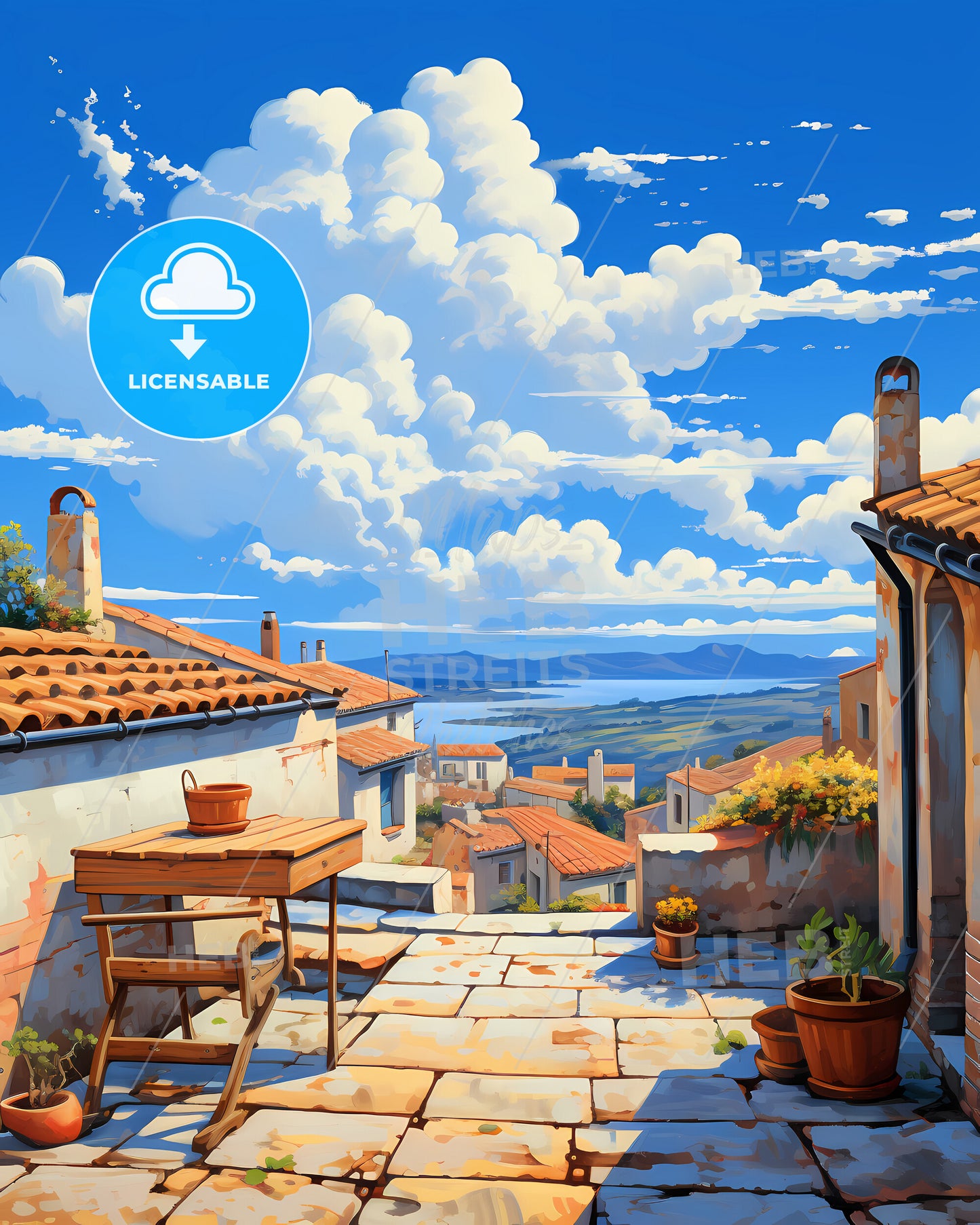 On The Roof Of Sardinia, Italy - A Stone Patio With A Table And Plants On It