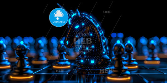 Chess Game Aggressive Move, Black Horse Breakthrough, Knight Chess Piece Attacks - A Chess Piece With Blue Lights