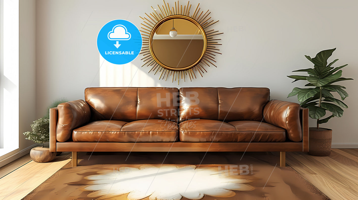 Contemporary Living Room With Brown Eco Leather Couch - A Brown Leather Couch In Front Of A Mirror