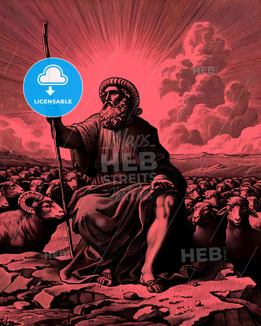 Moses Prophet Of God Herding The Flock In The Desert, Looking Up At The Sky - A Man With A Beard And A Staff And Sheep