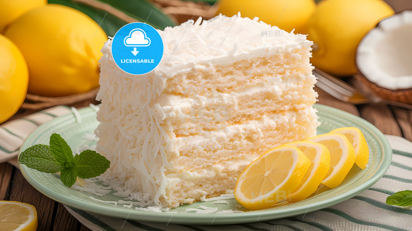 Biscuit Dessert With Lemon, Coconut Flakes - A Slice Of Cake On A Plate