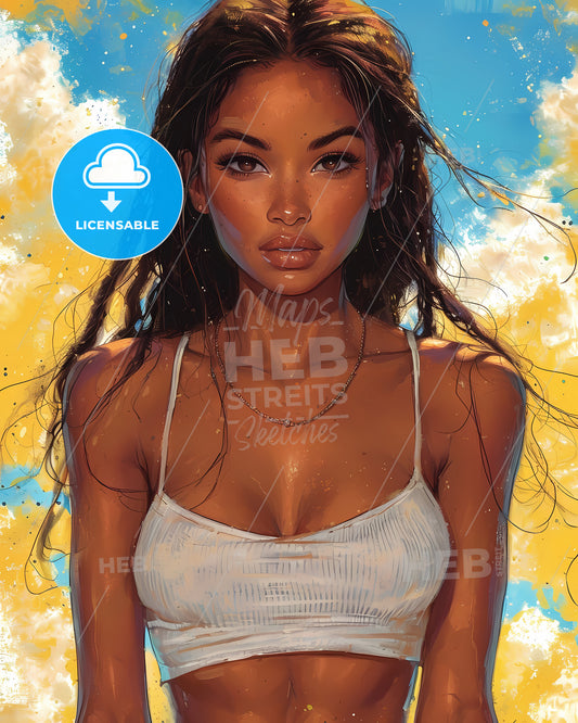 Amazing Pin Up Girl Illustration, Full Body Character - A Woman With Long Hair And A White Tank Top