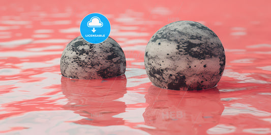 Abstract Modern Minimal Background With Pink Blue Hemispheres - Two Round Rocks In Water