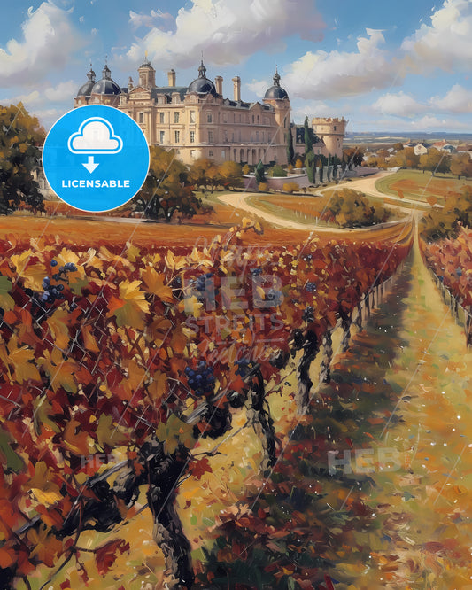 Bordeaux, France - A Vineyard With A Castle In The Background