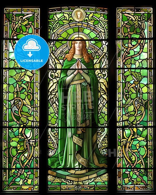 St. Brigid Pray For Us - A Stained Glass Window With A Woman In A Green Robe