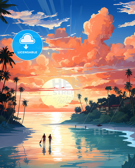 Boracay, Philippines - A Couple Of People Walking On A Beach With Palm Trees And A Sunset