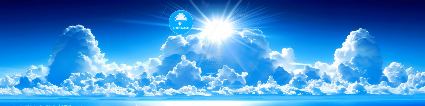 Clouds Above An Ocean, Mid Day, From Above - A Blue Sky With Clouds And The Sun