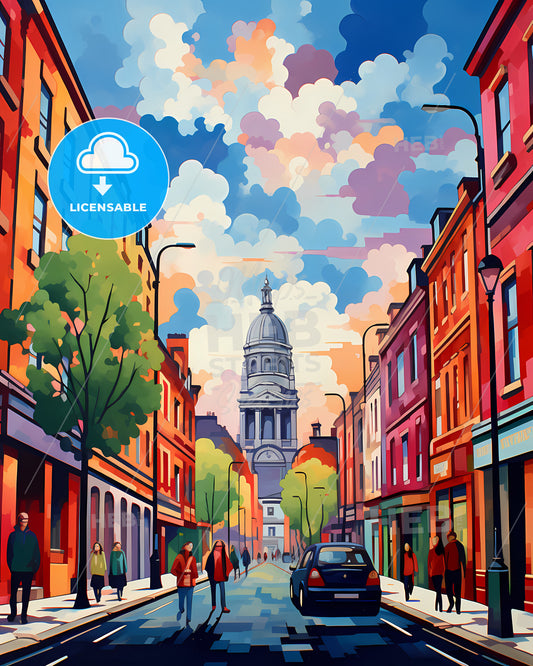 Newcastle Upon Tyne, England - A Street With Cars And People Walking On It