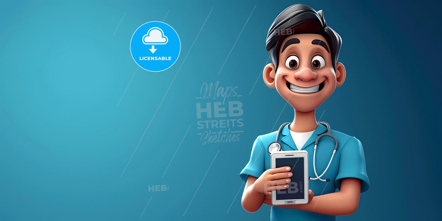 Caucasian Young Man, Nurse Cartoon Character - A Cartoon Character Holding A Cellphone