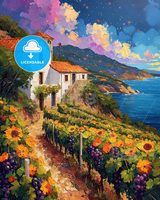 Rí­as Baixas, Spain - A Painting Of A House On A Hill With Flowers And A Body Of Water