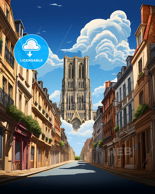 Reims, France - A Street With Buildings And A Tall Building In The Sky