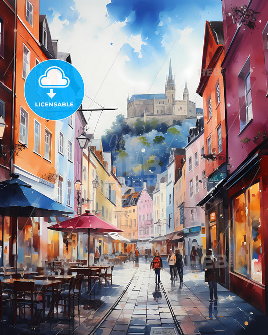 Linz, Austria - A Street With Tables And Chairs And Buildings With A Castle In The Background