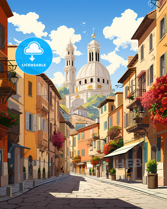 Verona, Italy - A Street With Buildings And A Dome In The Background