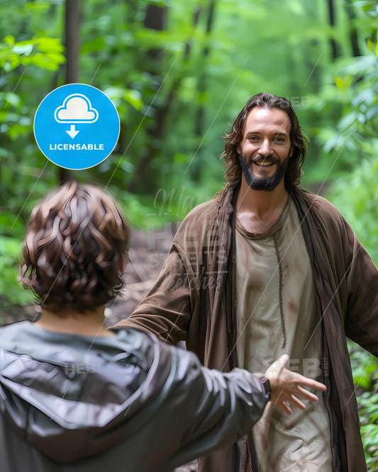 We See The Back Of Young Woman With Dark Wavy Hair Wearing A Brown Dress Is Running Toward Jesus A Man With Dark Long Hair And A Brown Rugged Robe - A Man In A Robe Talking To A Person In The Woods