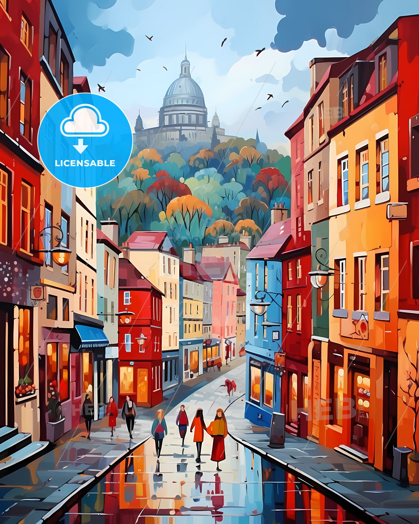 Edinburgh, Scotland - A Painting Of A Street With Buildings And People Walking