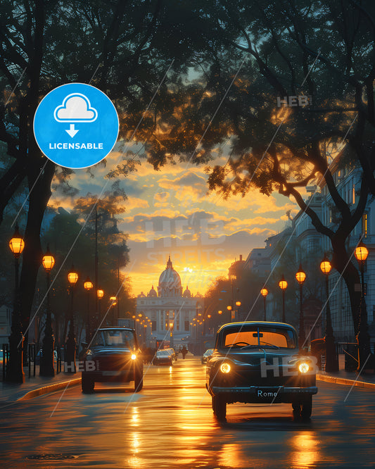 Poster Of Rome - Cars On A Street With Trees And Lights