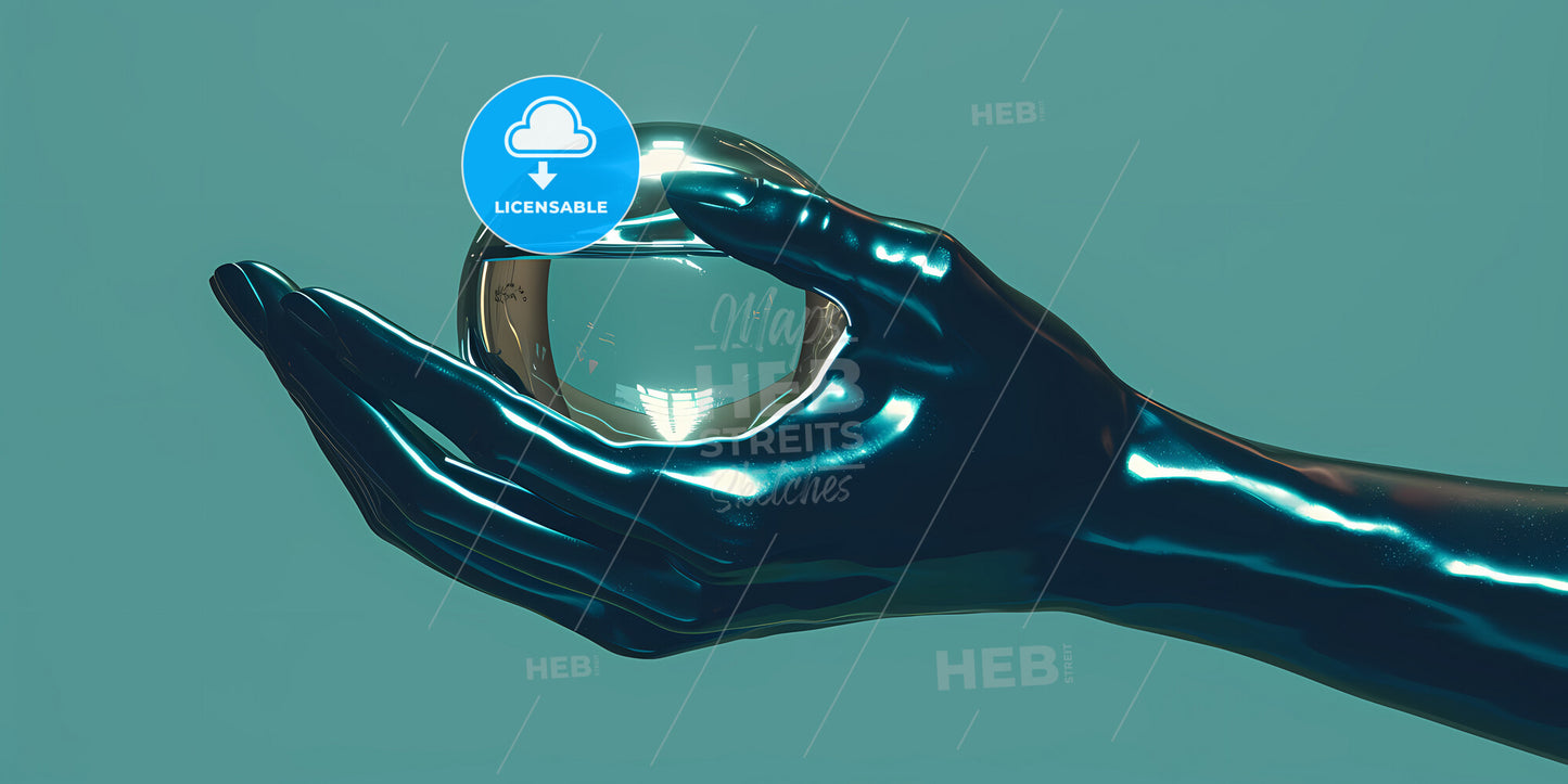 Abstract Metallic Arm Holds Glass Ball With Inner Light, Isolated On Dark Blue Background - A Hand Holding A Crystal Ball