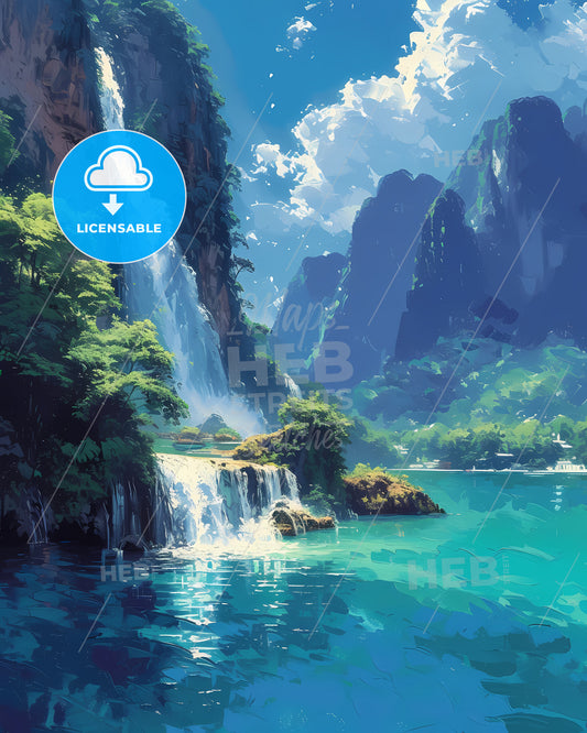 Kuang Si Falls, Laos - A Waterfall And Blue Water