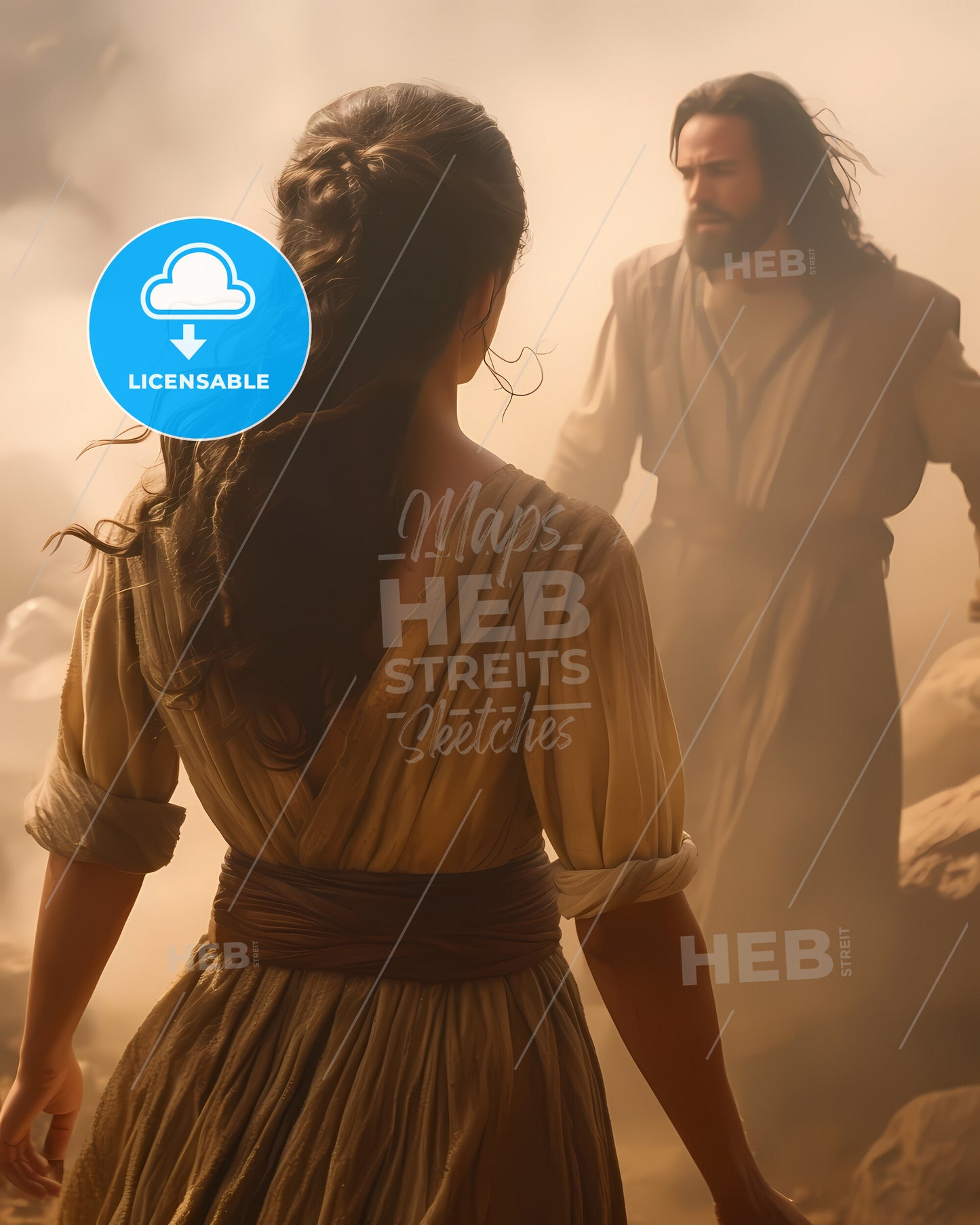 We See The Back Of Young Woman With Dark Wavy Hair Wearing A Brown Dress Is Running Toward Jesus A Man With Dark Long Hair And A Brown Rugged Robe - A Woman In A Long Dress Looking At A Man In A Foggy Environment
