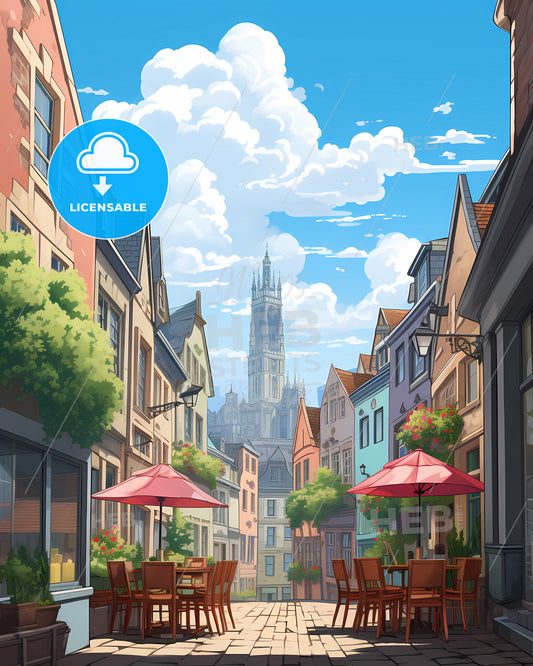 Ghent, Belgium - A Street With Tables And Chairs And Umbrellas In A City