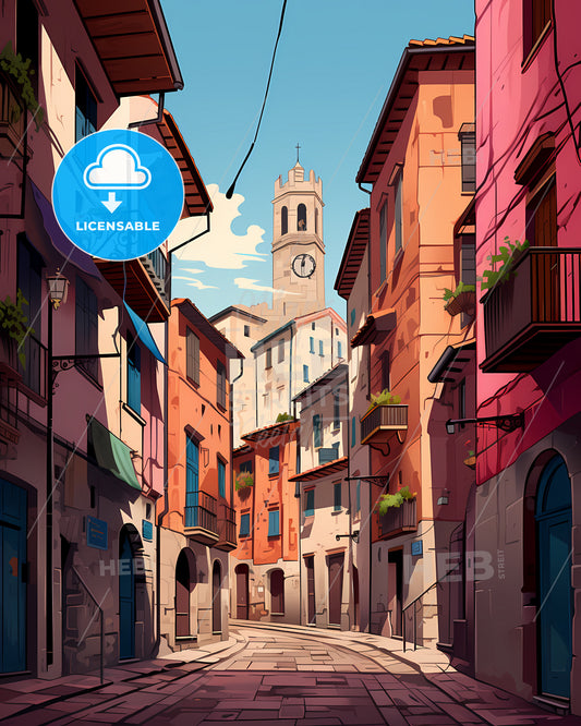 Verona, Italy - A Street With Buildings And A Clock Tower