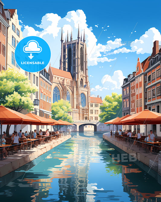 Reims, France - A River With People Sitting At Tables And Umbrellas In A City