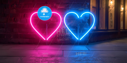 Pink Blue Neon Light Drawing, Couple Of Hearts, Romantic Symbols, Abstract Doodles Isolated On Black Background - Two Neon Hearts On A Brick Wall