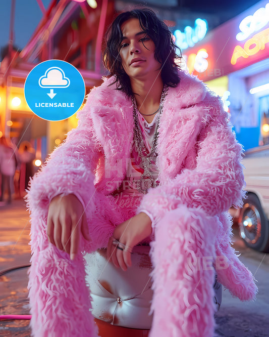A Trendy Young Actor - A Man In A Pink Furry Coat