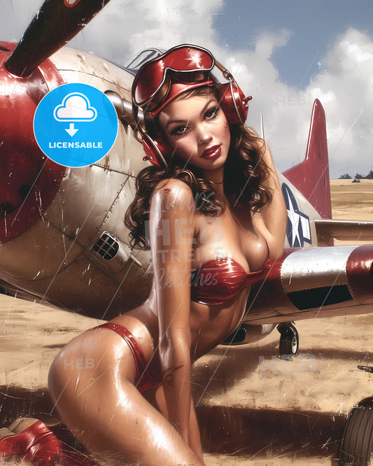 Uncommon Pin Up Girl Illustration, Full Body Character, High Resolution - A Woman In A Garment And Goggles Leaning On A Plane