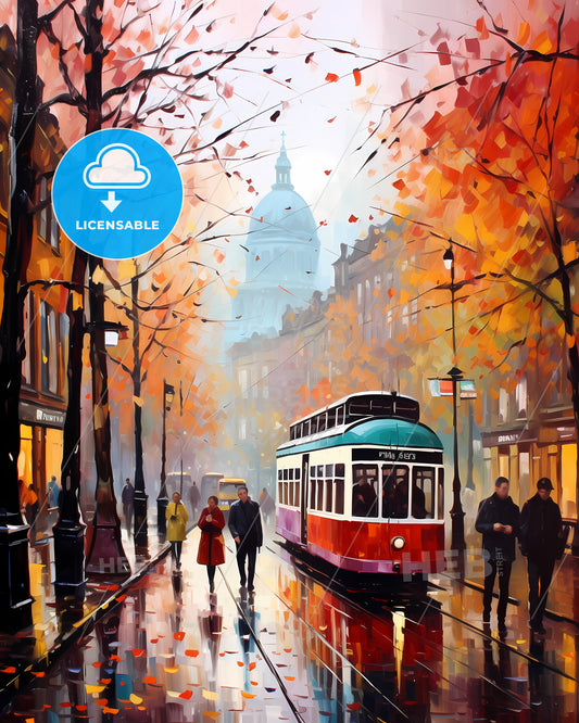 Newcastle Upon Tyne, England - A Street With A Trolley And People Walking On It