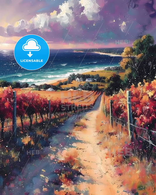Margaret River, Australia - A Painting Of A Vineyard And A Beach
