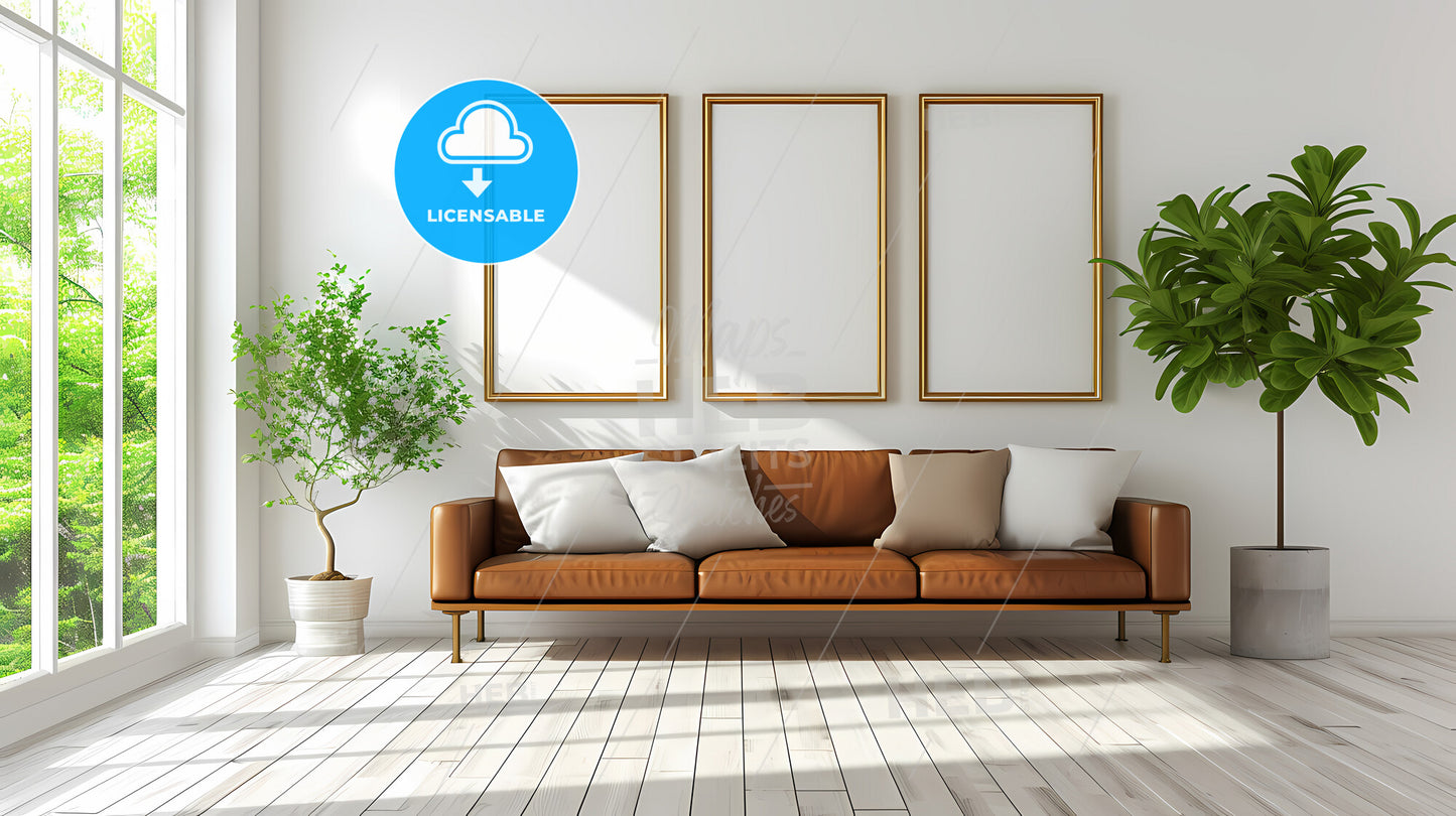 Contemporary Living Room With Brown Eco Leather Couch - A Brown Couch With Pillows In A Room With A Few Frames On The Wall