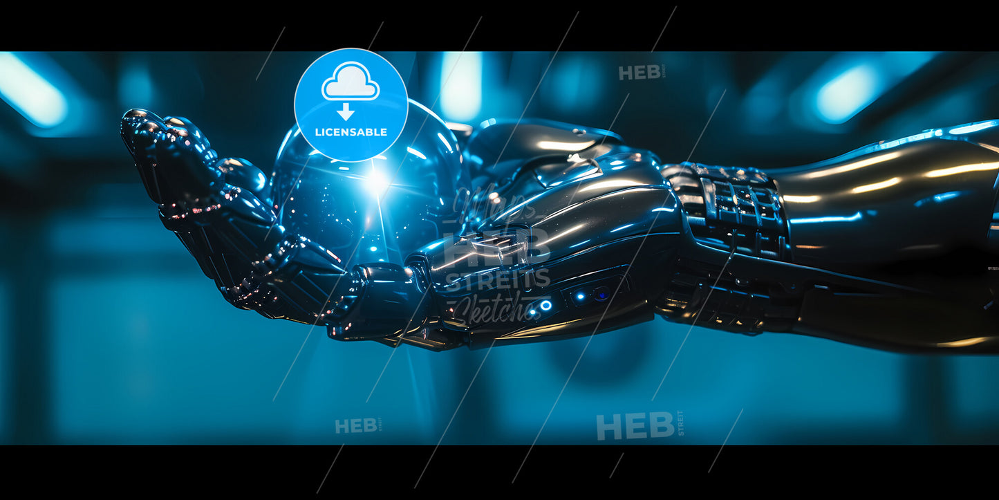 Abstract Blue Background, Metallic Mannequin Arms Hold Glass Ball With Bright Light Inside - A Robot With A Shiny Helmet And A Blue Light