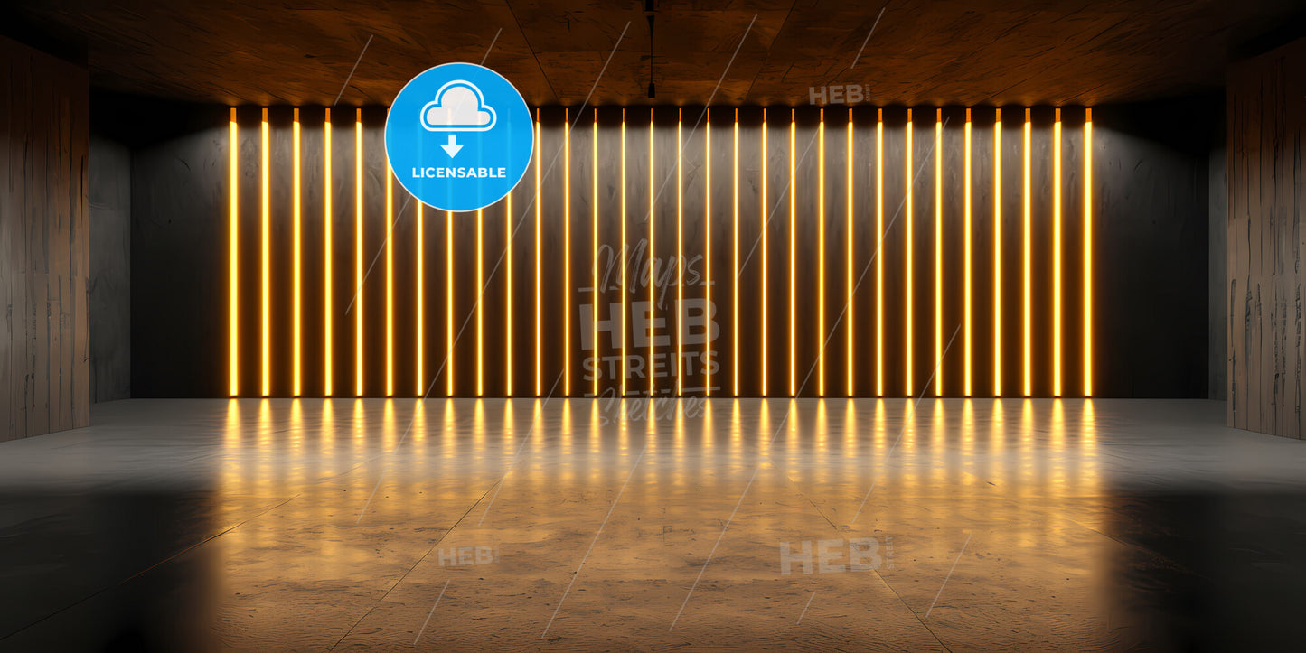 Abstract Neon Background, Modern Wallpaper With Glowing Gold Vertical Lines - A Room With Lights On The Wall