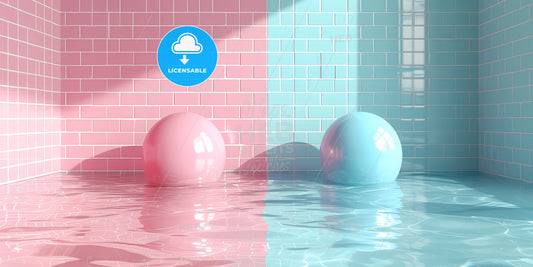 Abstract Modern Minimal Background With Pink Blue Hemispheres - Two Balls Floating In Water