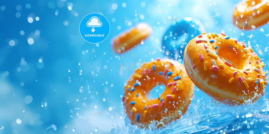 Abstract Geometric Structure: Golden Torus Amongst The Blue Donuts Isolated On Blue Background - Donuts Floating In Water With Sprinkles On Them