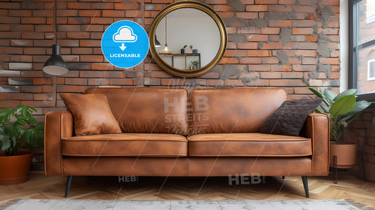 Contemporary Living Room With Brown Eco Leather Couch - A Brown Couch With A Round Mirror On The Wall