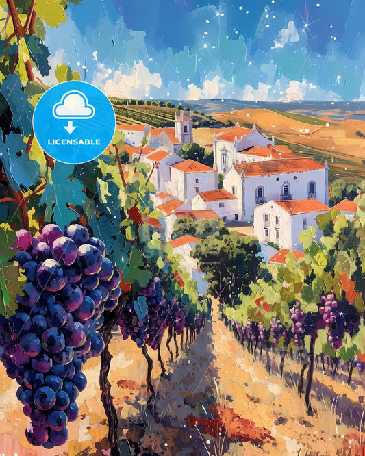 Alentejo, Portugal - A Painting Of A Vineyard With Grapes
