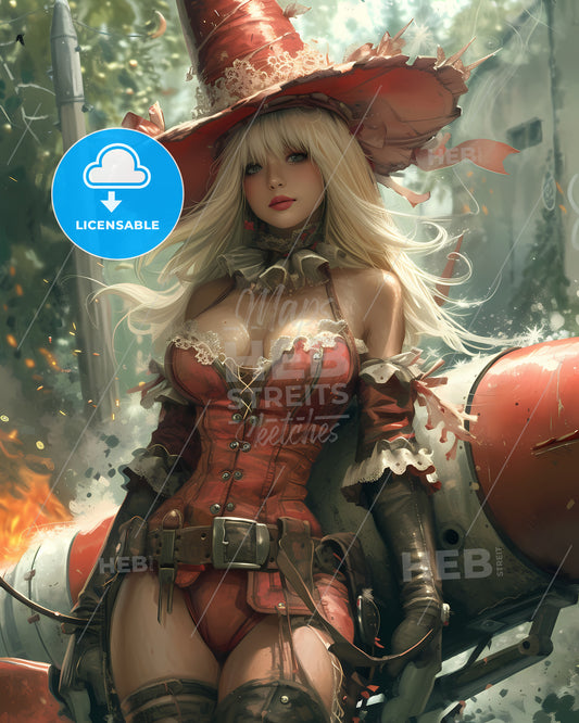 Cowgirl Riding A Rocket - A Woman Wearing A Red Outfit And Hat