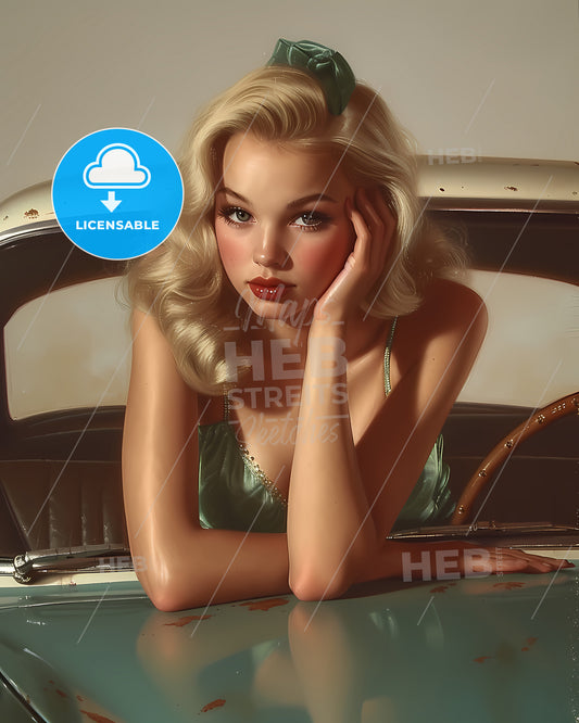The Vintage Pin Up Girl Leaning On A Car - A Woman Sitting At A Table