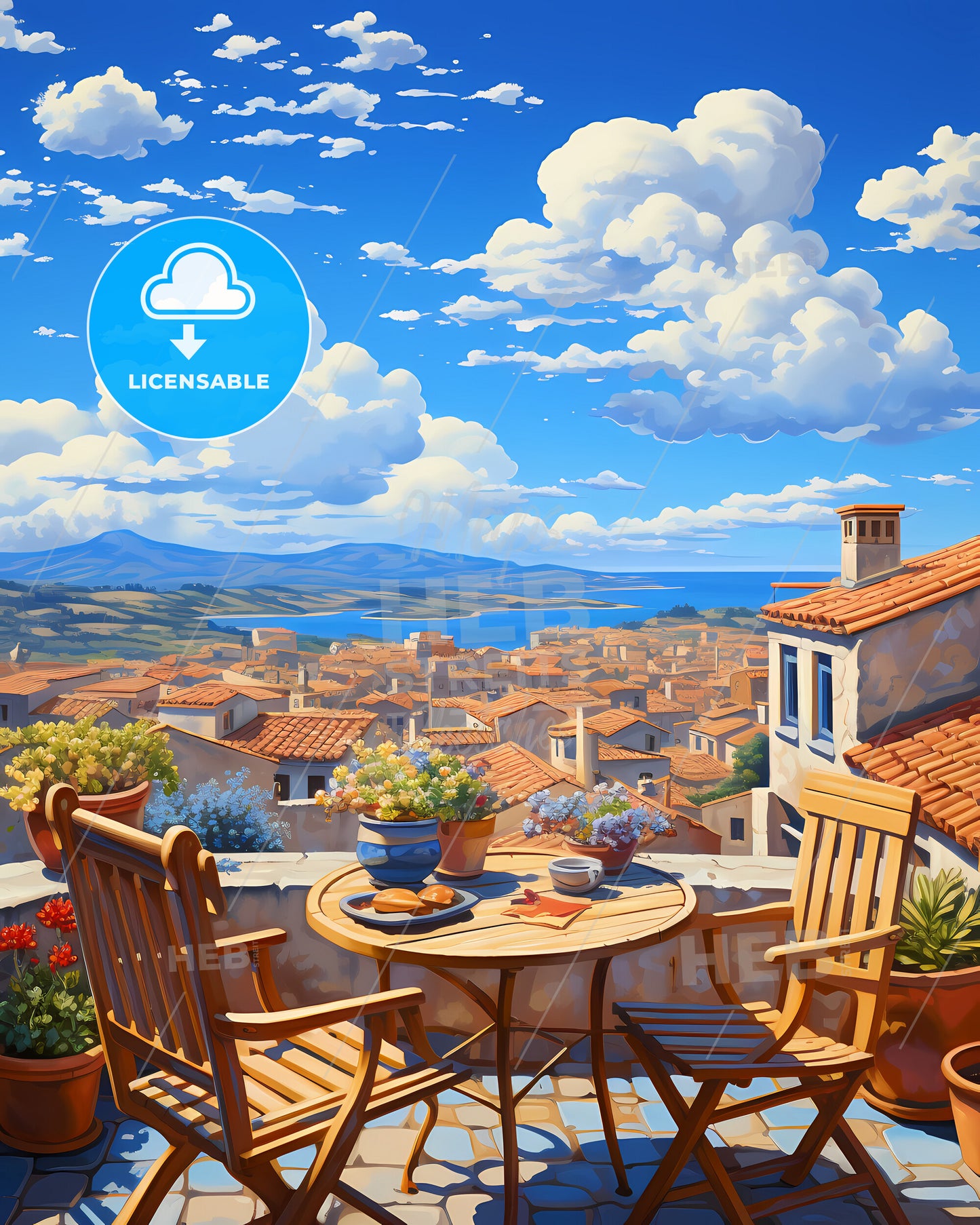 On The Roof Of Sardinia, Italy - A Table And Chairs On A Rooftop Overlooking A City