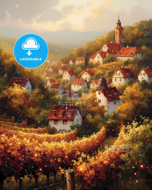 Pfalz, Germany - A Painting Of A Village In A Vineyard